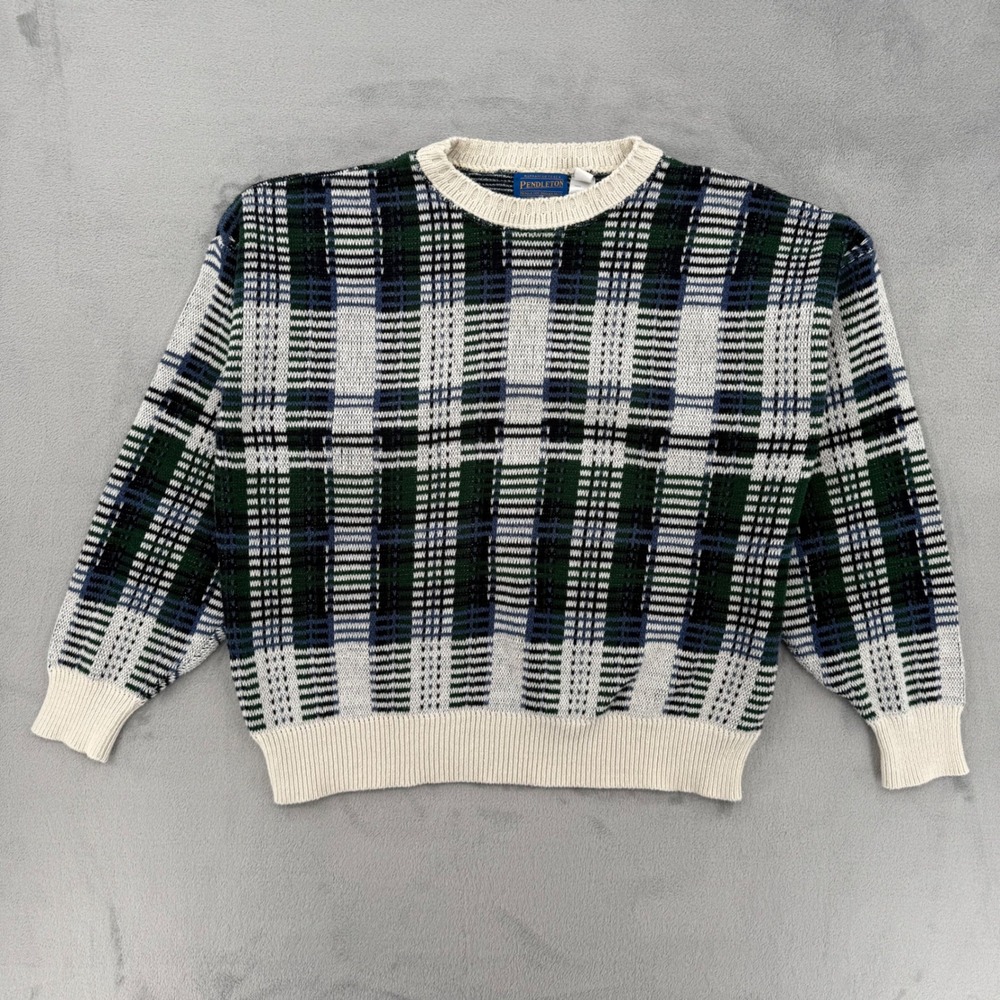 Vintage Pendleton Mens Plaid Cotton Knit Crewneck Sweater Made in USA‎ Size L - Picture 2 of 12